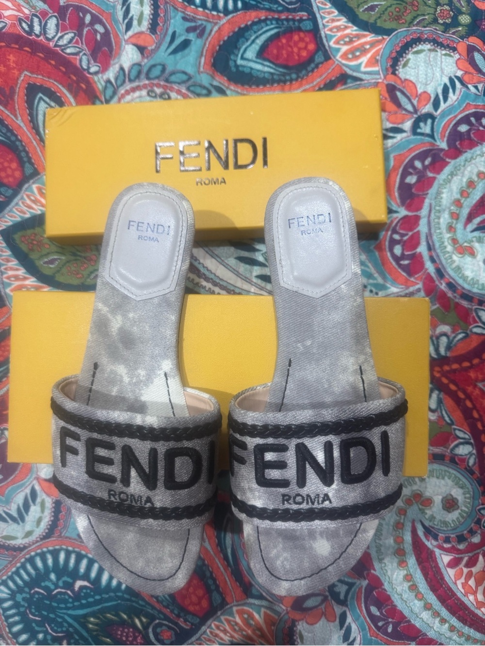 Fend Roma Silver Grey Embroidered Logo Slide Sandals